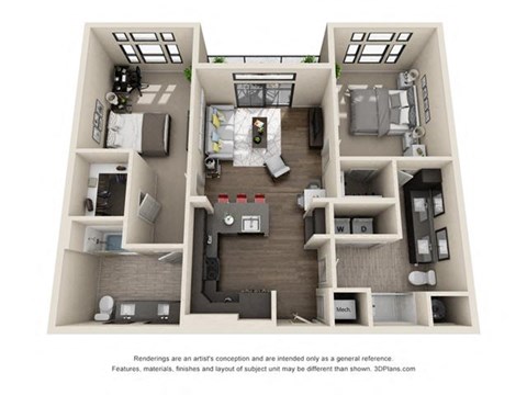 Floor plan for 2 beds, 2 baths, 1182 sqft