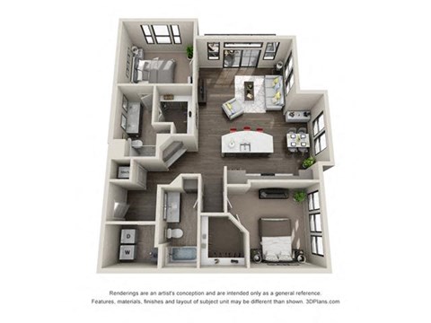 Floor plan for 2 beds, 2 baths, 1301 sqft