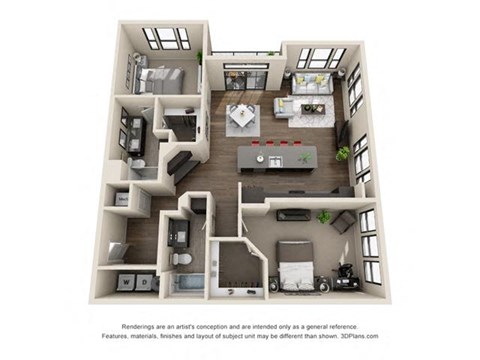 Floor plan for 2 beds, 2 baths, 1369 sqft