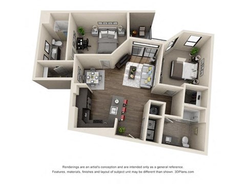 Floor plan for 2 beds, 2 baths, 1108 sqft