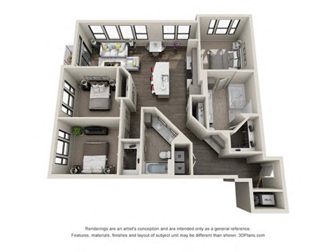 Floor plan for 3 beds, 2 baths, 1401 sqft