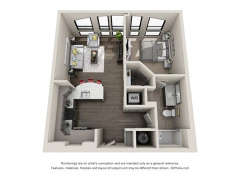 Floor plan for 1 bed, 1 bath, 664 sqft