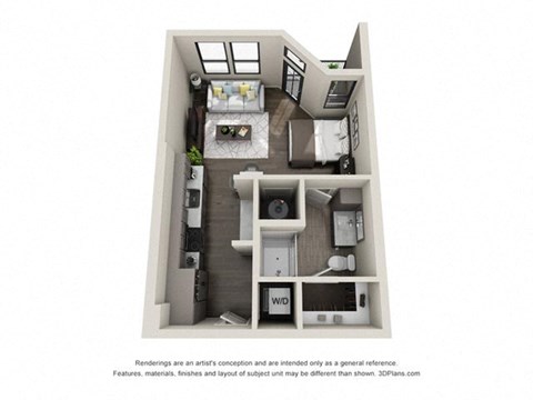Floor plan for studio, 1 bath, 498 sqft
