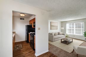 Odessa apartment for rent - A bright, open living area here at Golden Crest with a cozy carpeted living room featuring a light neutral sofa, wooden coffee table, and large window with vertical blinds, connected to a compact kitchen with warm wood cabinets, dark appliances, and wood-style flooring that creates a clean, welcoming layout.