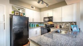 Dallas apartment for rent - A kitchen here at Lakewood on the Trail with white cabinets, granite countertops, black refrigerator and range, mosaic tile backsplash, and teal decor accents, creating a bright, modern, and inviting cooking space.