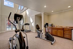 Midland apartment for rent - A well-equipped fitness center here at Las Colinas with cardio machines, including treadmills and stationary bikes, set on plush carpeting. Large windows and bright lighting create an open, energizing space, with a convenient counter area adding comfort for residents during workouts.