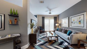 Allen apartment for rent - A living room with a grey couch and a striped rug.