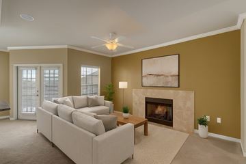 Odessa apartment for rent - A living room with a beige couch, a fireplace, and a painting on the wall.