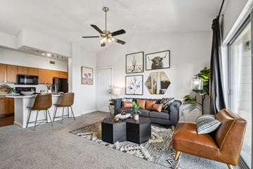Austin apartment for rent - A living room with a brown leather chair and a grey sofa.