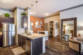 Fairview apartment for rent - A kitchen and open living area here at Sorrel Fairview with a granite island, dark wood cabinets, stainless steel appliances, warm accent wall, large floor mirror, and a beige chair with brown trim on wood flooring.