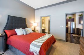 Fairview apartment for rent - A bedroom here at Sorrel Fairview with a dark gray tufted headboard, red bedspread, white accent pillows, striped throw blanket, soft carpet flooring, and warm bedside lamp lighting.