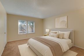 Odessa apartment for rent - A bright bedroom here at Summertree Place featuring a neatly made bed with neutral bedding, a soft area rug over carpeted floors, a bedside table with a lamp, and large windows that bring in natural light, creating a calm and comfortable retreat.