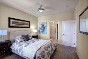 Odessa apartment for rent - A serene bedroom here at Tuscany at Faudree with plush carpet, soft neutral walls, and a comfortable bed dressed in patterned bedding. Matching nightstands with table lamps flank the bed, while framed artwork and a ceiling fan add style. An open doorway leads to an attached bathroom, creating a calm and inviting retreat.