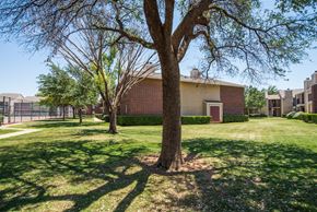 Midland apartment for rent - A peaceful landscaped green space at Wildflower featuring mature shade trees casting dappled shadows across well-maintained lawns, with walking paths, a nearby fenced tennis court, and classic brick apartment buildings creating a calm, park-like residential setting.