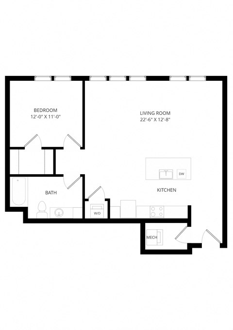 Floor plan for 1 bed, 1 bath, 895 sqft