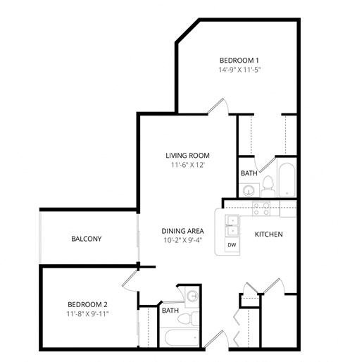 Floor plan for 2 beds, 2 baths, 943 sqft