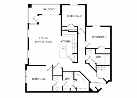 Floor plan for 3 beds, 2 baths, 1321 sqft