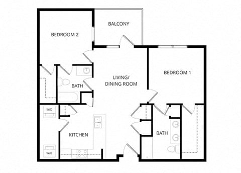Floor plan for 2 beds, 2 baths, 1040 sqft