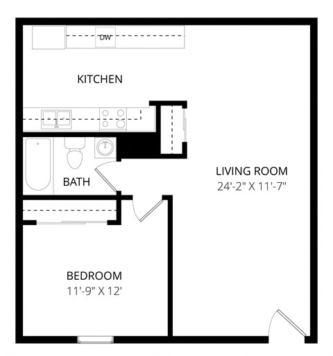 Floor plan for 1 bed, 1 bath, 580 sqft