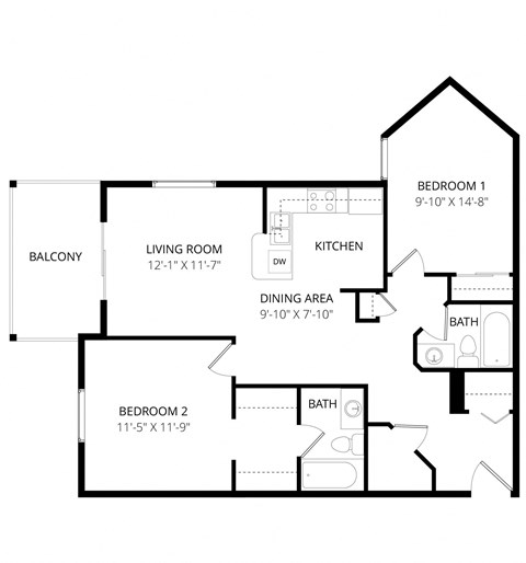 Floor plan for 2 beds, 2 baths, 917 sqft