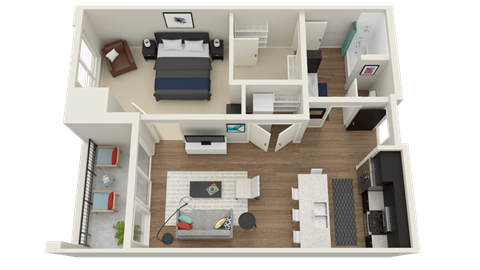 Floor plan for 1 bed, 1 bath, 749 sqft
