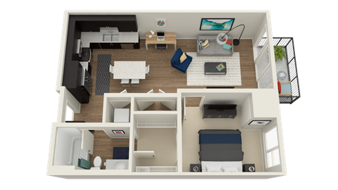 Floor plan for 1 bed, 1 bath, 731 sqft