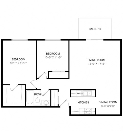 Floor plan for 2 beds, 1 bath, 1000 sqft