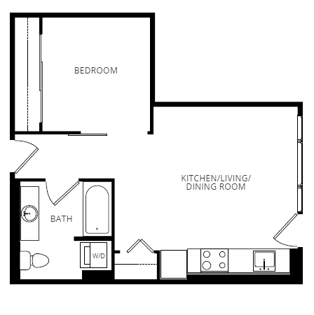 Floor plan for 1 bed, 1 bath, 569 sqft