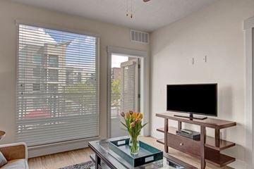 Salt Lake City apartment for rent - A living room with a television and a vase of flowers on a coffee table.