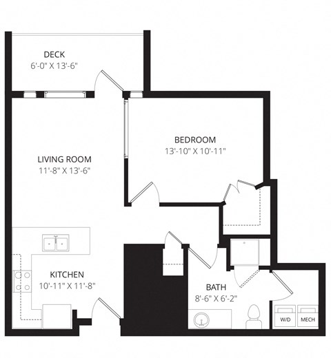 Floor plan for 1 bed, 1 bath, 683 sqft