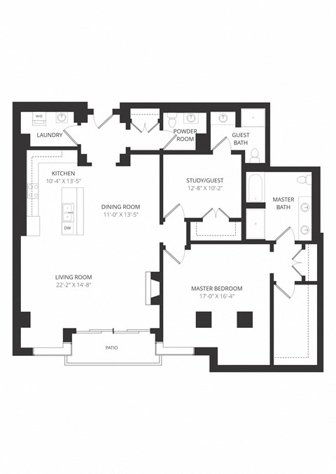 Floor plan for 1 bed, 1.5 baths, 1095 sqft