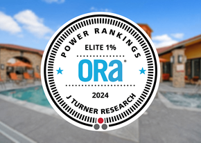 Colorado Springs apartment for rent - A badge with the text "POWER RANKINGS ELITE 1%" and "ORA 2024" is displayed in front of a poolside scene.