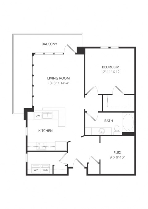 Floor plan for 1 bed, 1 bath, 934 sqft