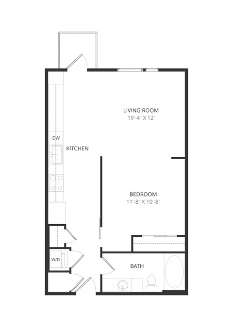 Floor plan for 1 bed, 1 bath, 640 sqft