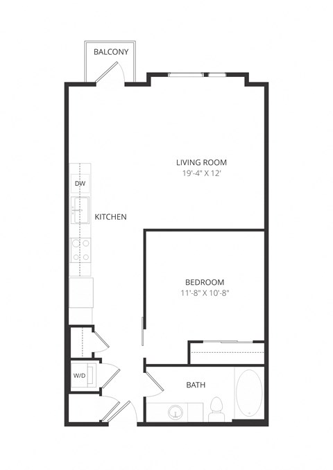 Floor plan for 1 bed, 1 bath, 690 sqft