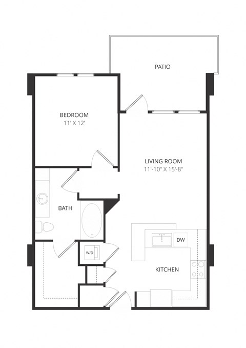 Floor plan for 1 bed, 1 bath, 708 sqft