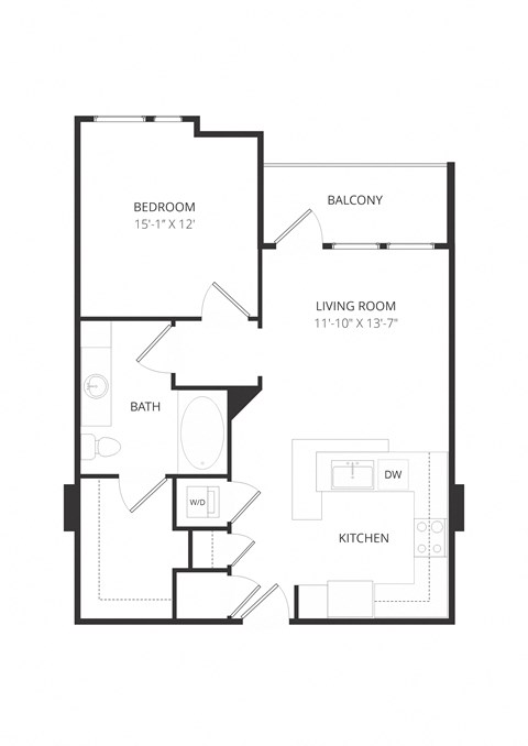 Floor plan for 1 bed, 1 bath, 740 sqft