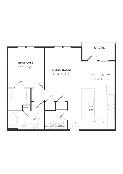 Floor plan for 1 bed, 1 bath, 836 sqft