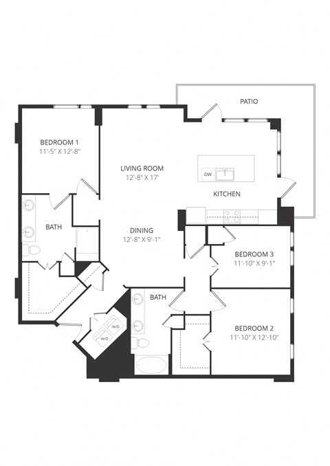 Floor plan for 3 beds, 2 baths, 1543 sqft