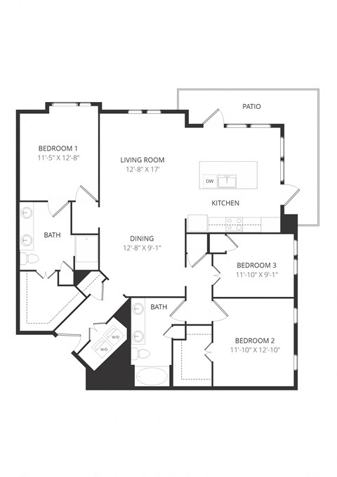 Floor plan for 3 beds, 2 baths, 1551 sqft