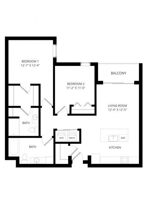 Floor plan for 2 beds, 2 baths, 1064 sqft