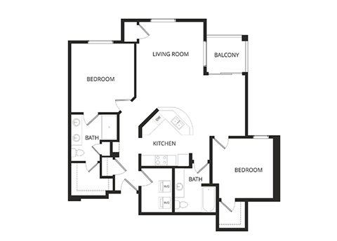 Floor plan for 2 beds, 2 baths, 1215 sqft