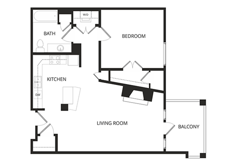 Floor plan for 1 bed, 1 bath, 834 sqft