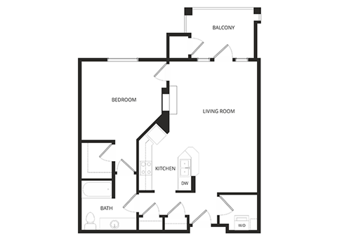 Floor plan for 1 bed, 1 bath, 822 sqft