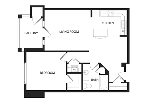 Floor plan for 1 bed, 1 bath, 835 sqft