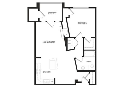 Floor plan for 1 bed, 1 bath, 846 sqft