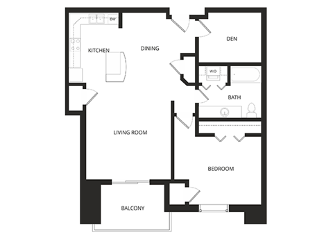 Floor plan for 1 bed, 1 bath, 917 sqft