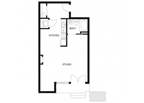 Floor plan for studio, 1 bath, 728 sqft