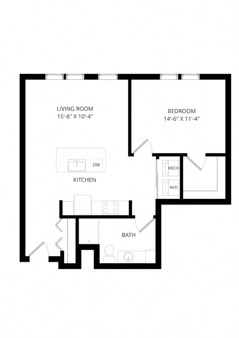 Floor plan for 1 bed, 1 bath, 768 sqft