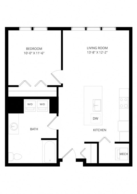 Floor plan for 1 bed, 1 bath, 725 sqft